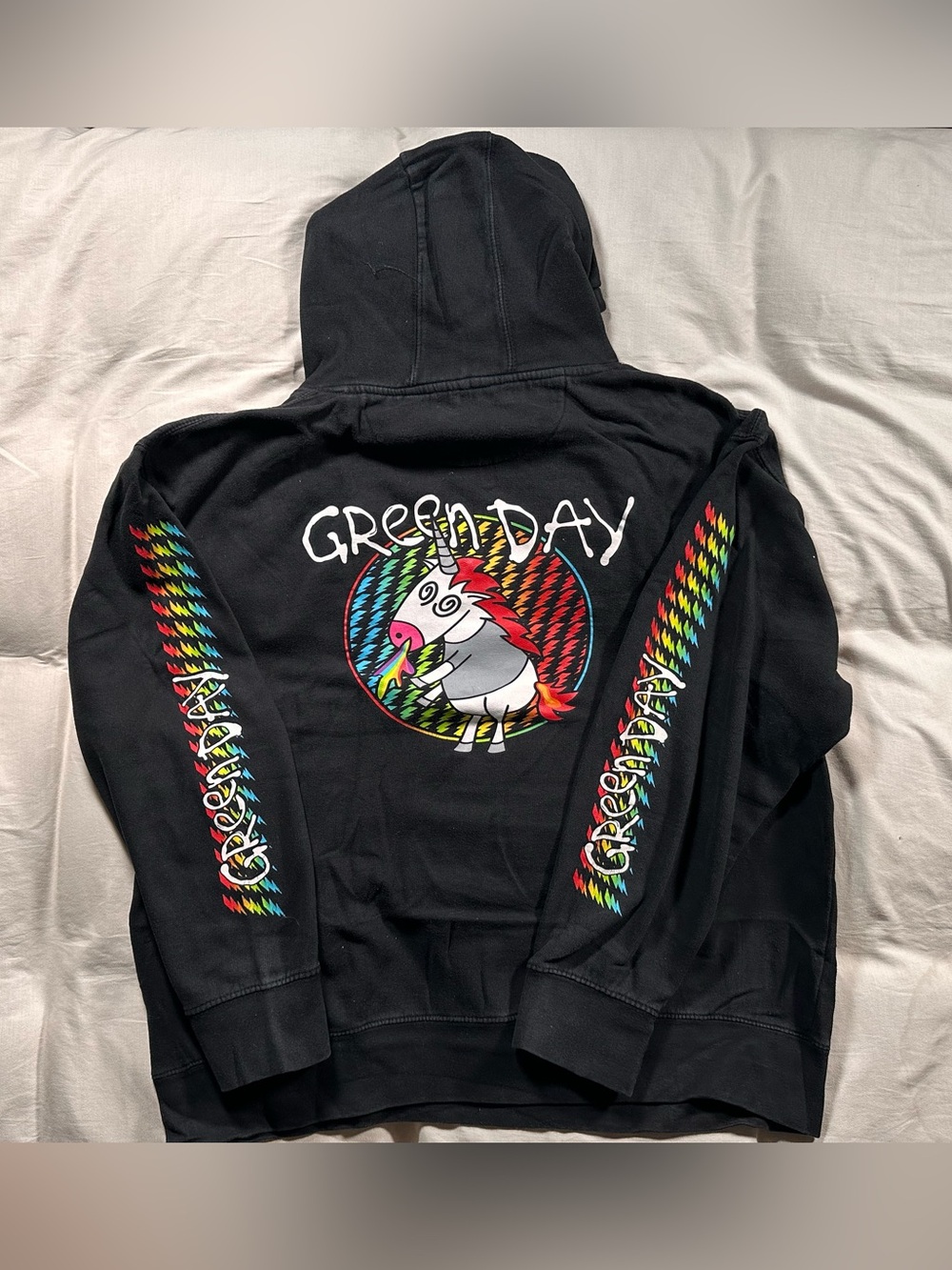 Green Day Unicorn Hoodie X-Large Black Retro Pullover Punk Rock Y2K Band Grunge